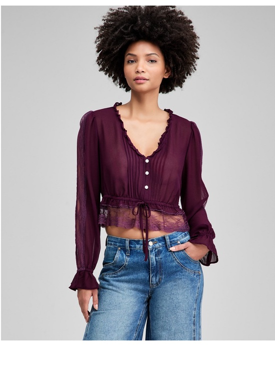And Now This Tops - And Now This Women's Plum Sheer Lace Ruffle-Trim Crop Top Long Puff Sleeves